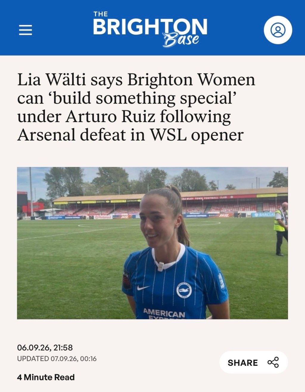 Lia Wälti says Brighton Women can ‘build something special’ under Arturo Ruiz following Arsenal defeat in WSL season&nbsp;opener