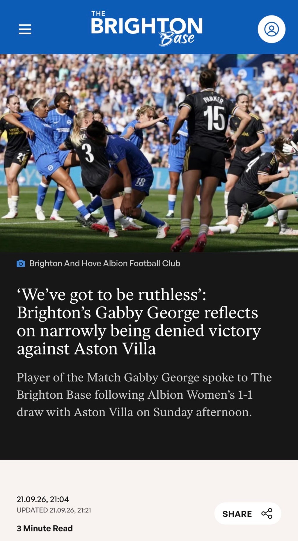 ‘We’ve got to be ruthless’: Brighton’s Gabby George reflects on narrowly being denied victory against Aston&nbsp;Villa