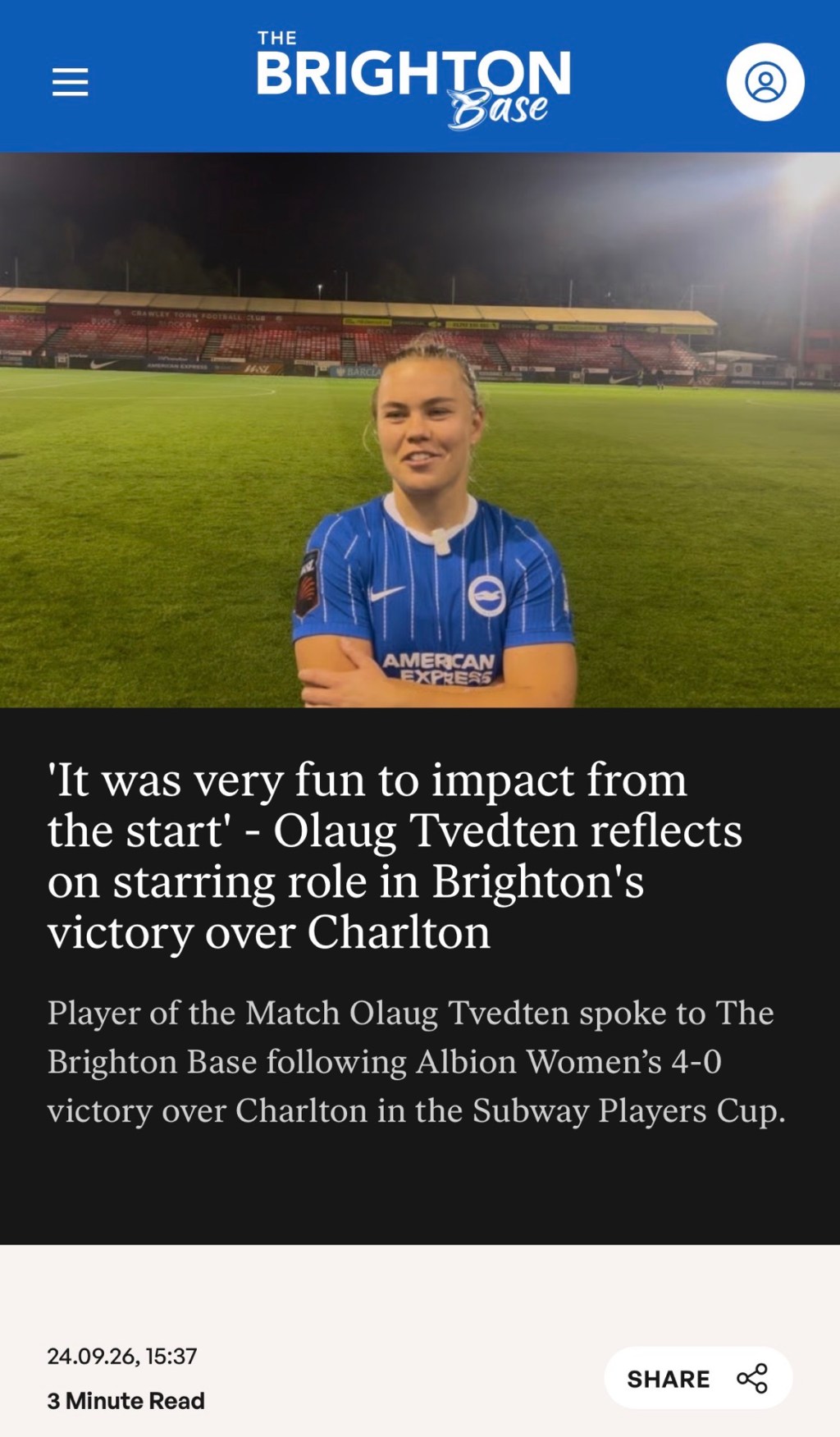 ‘It was very fun to impact from the start’ – Olaug Tvedten reflects on starring role in Brighton’s victory over&nbsp;Charlton